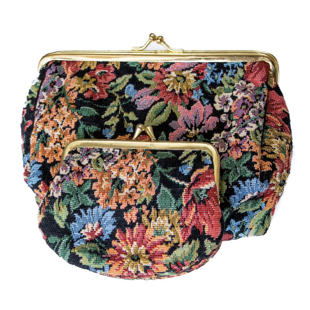 Vintage Floral Tapestry Purse + Makeup Bag w/ Mirror Set 1950s Retro